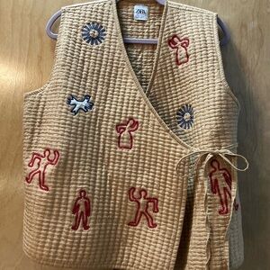 Zara brown lightweight quilted wrap vest with embroidered motifs size L